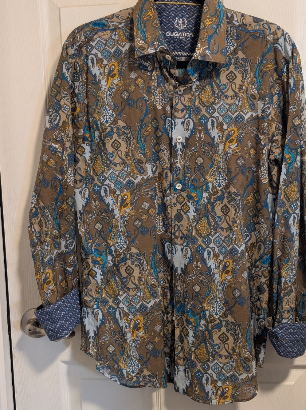 Bugatchi Brown Button-Up Shirt with Blue & Gold Paisley Print